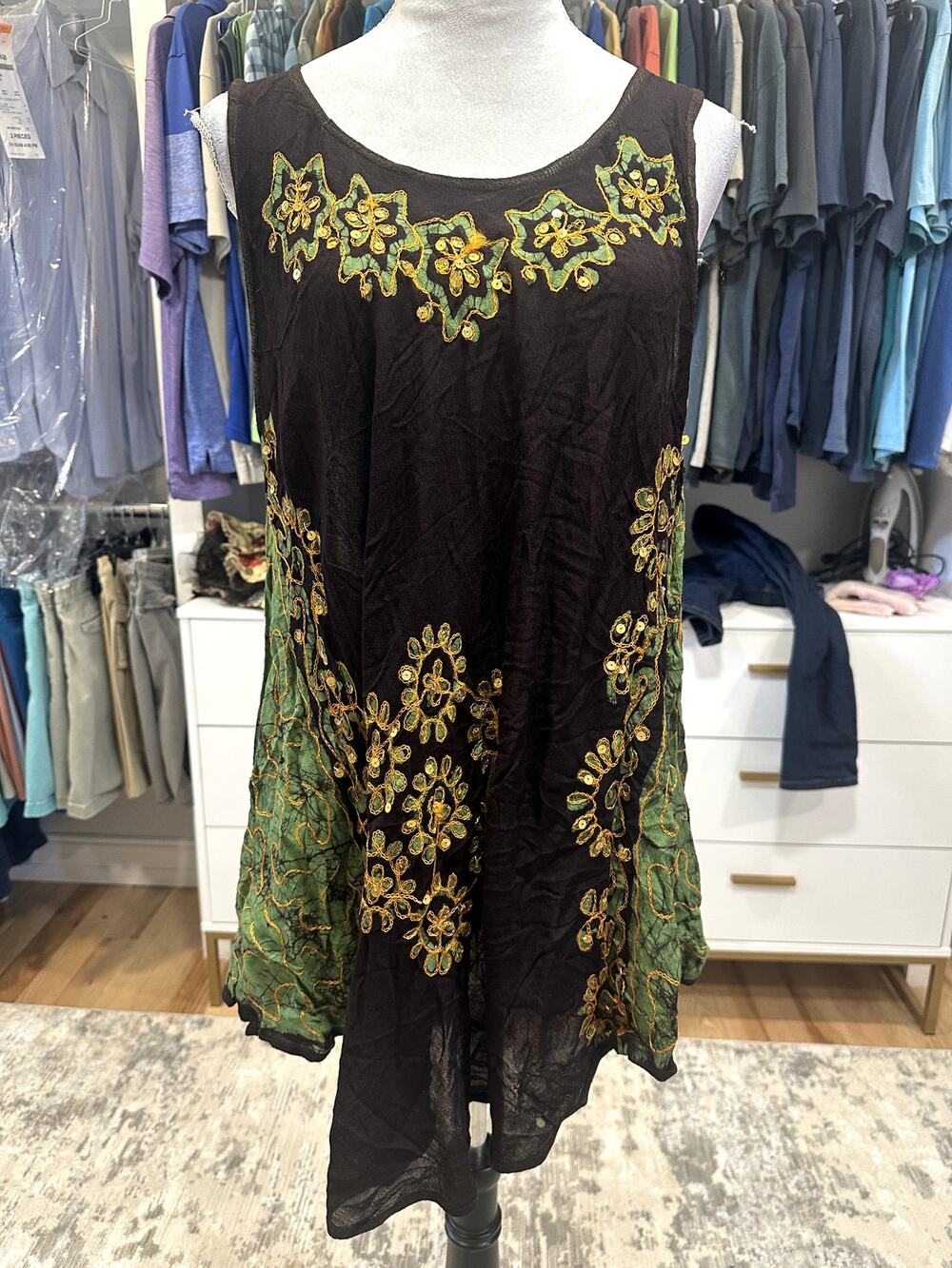 Sunflower Women's Sleevelss Tunic Dress Black Yellow Floral OS Semi Sheer